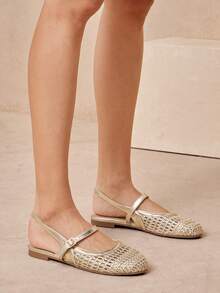 SHUZIA Ladies Elegant Crochet Woven PU Mary Jane Slingback Mules - Gold - View 2