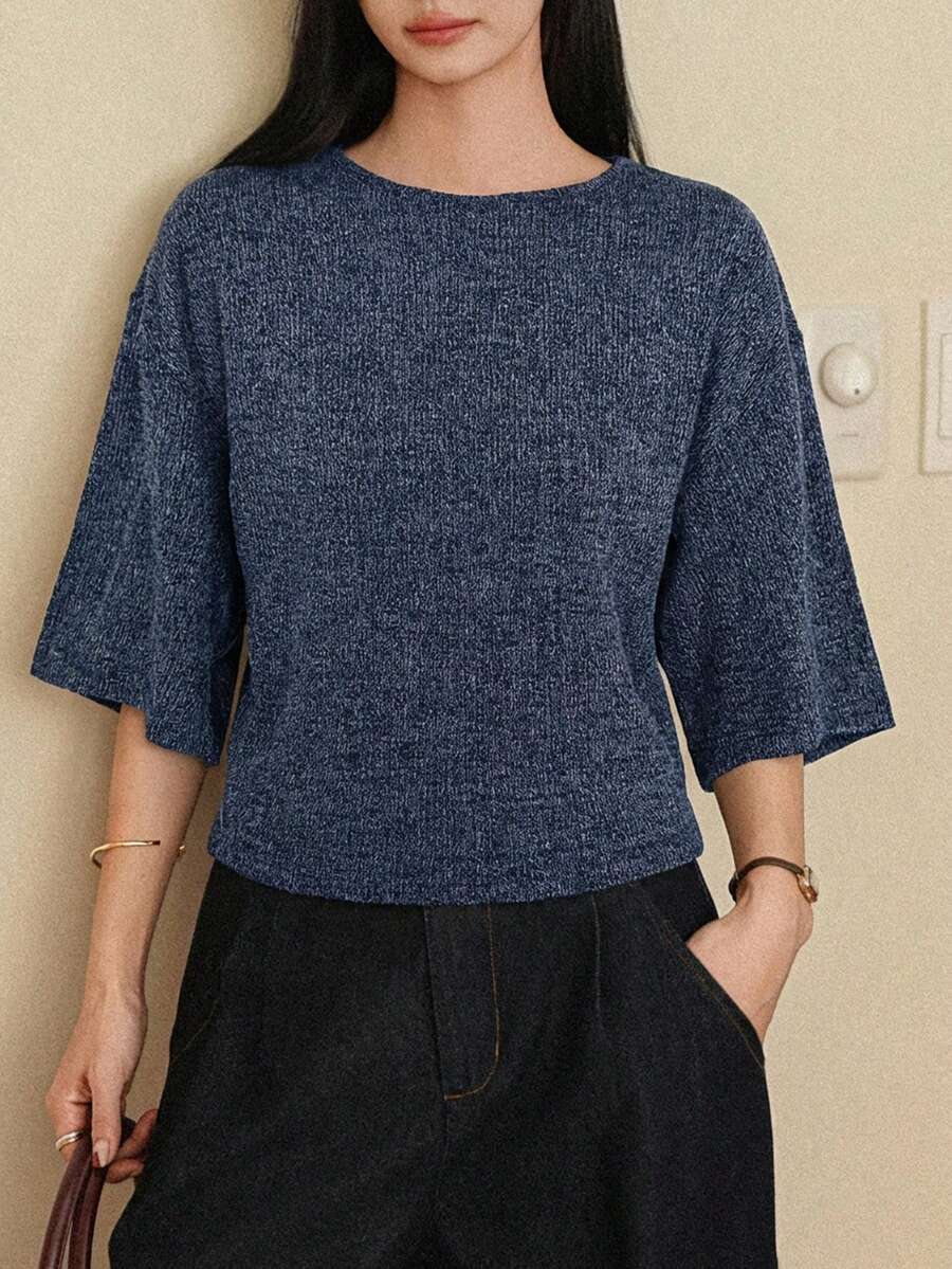 DAZY Women's Solid Color Round Neck Casual Versatile Daily Wear Short Sleeve T-Shirt - Navy Blue - View 1