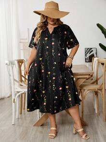 SHEIN CURVE+ 大码女式V领休闲印花度假连衣裙 - 彩色 - 查看 8