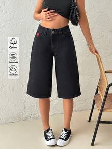 Quần short denim cạp thấp dáng suông màu đen, kiểu dáng thường ngày, cài cúc phía trước. - màu đen - Xem 5