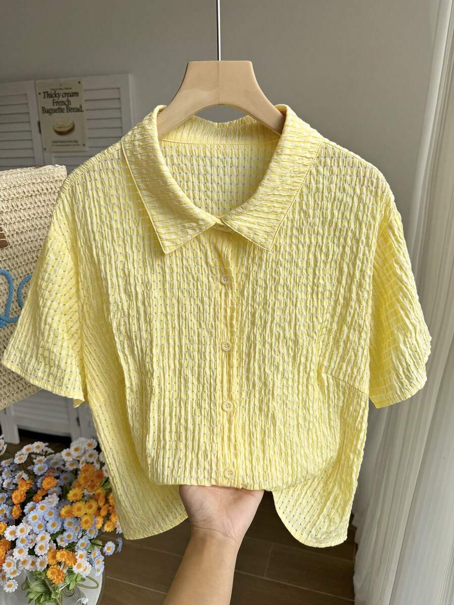 Comfortcana Plus Size Women's Solid Color Short Sleeve Single-Breasted Casual Textured Shirt - Yellow - View 1