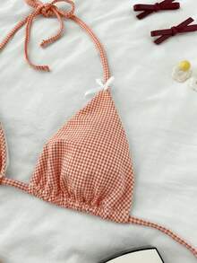 Swim Mod 女士甜美可爱沙滩度假风印花露背系带挂脖比基尼套装 - 橘色 - 查看 3