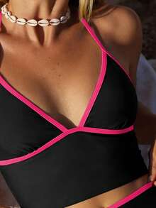 Swim Mod 2026 Spring/Summer Spaghetti Strap Blue & Apricot Contrast Triangle Cup High-Waist Shorts Sweet Women 2 Pieces Bikini Swimwear Bikini Swimming Bikini Shorts 2 Pieces Set Sporty Bikini Outfits For Women 2 Pieces Daily Wear Casual Vacation Swimwear For Women Shorts And Top Summer New Arrival - Black - View 3