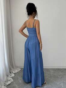 Elenzga Mono de mujer con efecto de mezclilla de unicolor, con botones a presión, sin mangas y con volantes - Azul - Ver 2