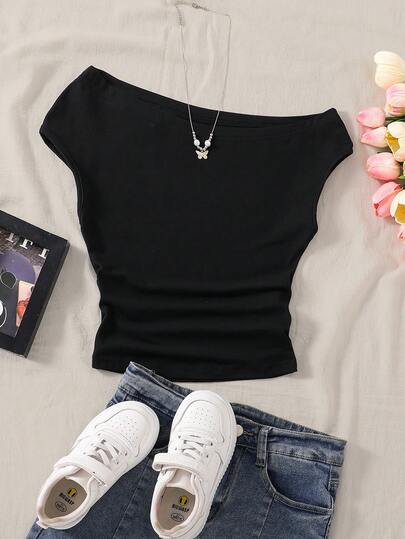 Sparklyn Camiseta de hombros descubiertos para niñas y adolescentes, de estilo simple para primavera y verano. Top sin mangas, de silueta estilizada y favorecedora. Confeccionada en tela de punto suave y elástica. Diseño de hombros descubiertos para un aspecto elegante. Estilo básico casual y versátil para niñas mayores. Atuendos frescos para niñas. Mangas cortas cómodas para salidas diarias de estudiantes, tiempo libre y vacaciones.