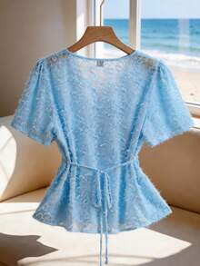 Franclia Áo sơ mi nữ cổ chữ V xếp ly, kiểu dáng thường ngày, đa năng, thích hợp mặc đi làm. - Màu xanh lam - Xem 2