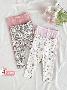 SHEIN Vintaside Kids 4件套女婴休闲百搭简约舒适柔软亲肤黑白条纹、粉色、杏色纯色打底裤，性价比高，适合春夏室内外玩耍 - 彩色 - 查看 3