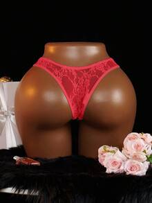 SHEIN Women's Red Lace Butterfly Decor Sexy Open Crotch Red Lace Panties - Burgundy - View 2