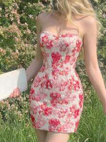 SHEIN MOD Women's Elegant Floral Print Lace Trim Fitted Tube Dress, Summer - Pink - View 1