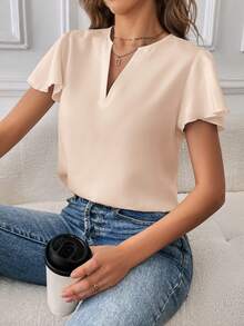 SHEIN Essnce Áo sơ mi nữ cổ chữ V màu trơn, kiểu dáng thường ngày, thích hợp đi làm. - Màu be - Xem 3