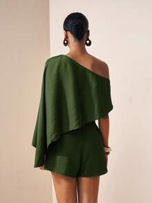 Zivah Elegant Army Green Asymmetrical Shoulder Flowy Jumpsuit Shorts For Summmer Vacation,Music Festival,Date,Wedding Guest,Party,Commute,Casual Streetwear - Army Green - View 2