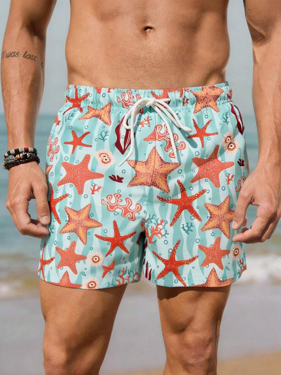 Manfinity RSRT Quần short đi biển nam kiểu dáng nghỉ dưỡng trên đảo, in hình sao biển, lót lụa sữa, quần bơi nam in hình ngôi sao, quần short đi biển nam, quần bơi nam đồng bộ, đồ đi biển nam cho kỳ nghỉ, đồ bơi nam họa tiết hoa, quần bơi hình sao biển. - Nhiều màu - Xem 1