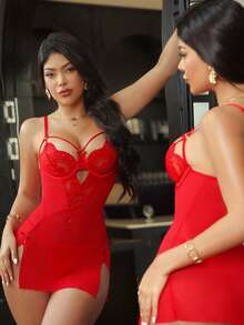 Seduluxe 2pcs Classic Lace Deep V Mesh Patchwork High Slit Underwire Push Up Hollow Spaghetti Strap Sexy Dress Set For Women Red Dresses For Women Party Club - Red - View 1