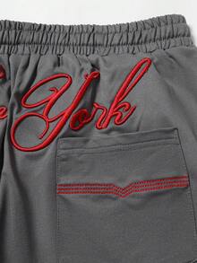 Manfinity EMRG Quần short nam phong cách đường phố thường ngày, thêu chữ, dài 6 inch. - Xám - Xem 7