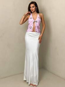 SHEIN Glamour Women's Summer Vacation Sequin Floral Embroidery Halter Backless Blouse - Pink - View 5