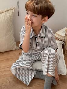 DAZY Young Boy Striped Short Sleeve Top And Pants Pajama Set Summer - Light Grey - View 2