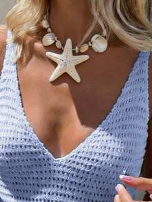 Vestido de punto sin mangas con cuello en V y espalda descubierta, estilo casual de playa y vacaciones de primavera/verano - Celeste - Ver 5