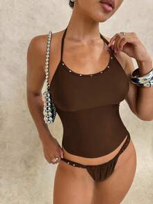 Swim Glamine Conjunto de traje de baño de verano para mujer con parte superior tipo tankini de unicolor con cuello halter y Bottom tipo tankini triangular - Marrón - Ver 5