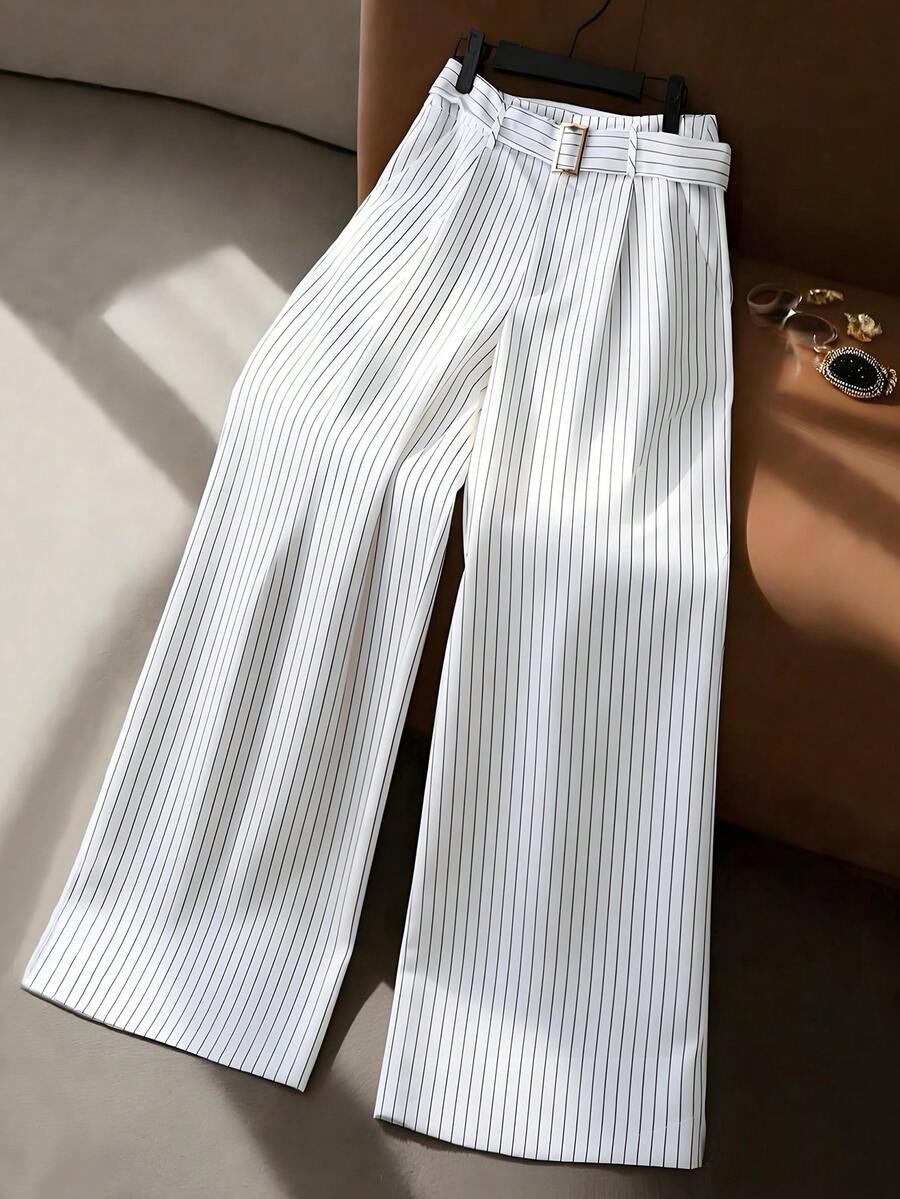 Franclia Quần ống rộng kẻ sọc nữ, kiểu dáng thường ngày, đa năng, thích hợp mặc hàng ngày. - Đen và trắng - Xem 1