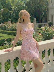 SHEIN MOD 女士亮片刺绣露背吊带迷你连衣裙 - 粉色 - 查看 3