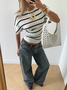 SHEIN EZwear Áo thun nữ dáng ngắn tay cánh dơi kẻ sọc, thích hợp mặc đi làm hàng ngày. - Đen và trắng - Xem 3