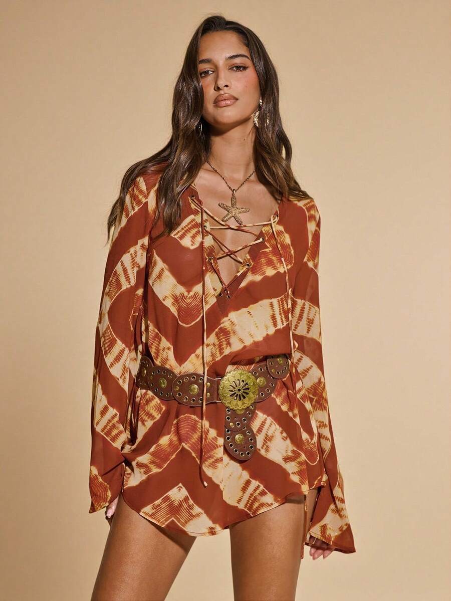 SHEIN BAE Damen V-Ausschnitt Bindeträger Langarm Boho Blume Muster Chiffon Minikleid, geeignet für Strandurlaub, Resortmode, Chiffon bedrucktes Kleid, Boho-Kleid, Musikfestival, ideal für Urlaub, Strand und Küstenmode - Braun - Übersicht 1