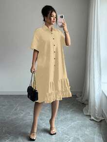 Selianne Women's Summer Loose Artistic Design Frill Trim Patchwork Dress Tea Party Orange Casual - Apricot - View 5