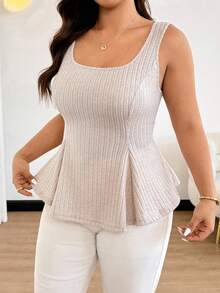 Easura Plus Size Women Fuzzy Striped Elastic Back Tie A-Line Tank Top, Spring/Summer - Khaki - View 5