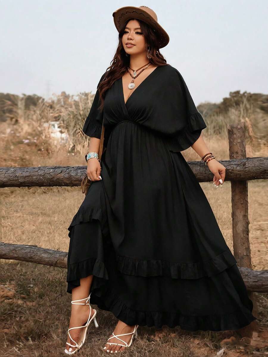 Ceyna Plus Size Casual Vacation Tie Front Dress, Versatile For Spring & Summer Boho Plus Size Women's Clothing Bohemian Dresses For Women - Black - View 1