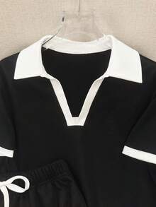 Resyla Summer New Contrast Color Short Sleeve Half-Zip Casual 2 Pieces Set Beach Club Black And White - Black - View 4
