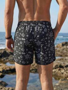Manfinity KASUA Quần short đi biển dáng rộng dành cho nam, kiểu dáng mùa hè, in hình ngôi sao khắp quần, có dây rút ở eo. - màu đen - Xem 2
