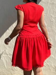 Sunnyshic Plus Size Women's 2-Piece Set: Vintage French Romantic V-Neck Lace Patchwork Textured Fabric Top, Red Blouse + Floral Hem Skirt, Suitable For Spring & Summer, Casual & Holiday Wear - Red - View 2