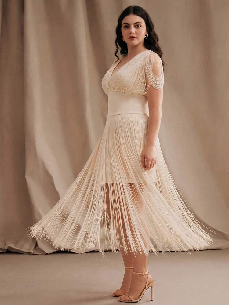 Plus Size Women's Solid Color Fringe V-Neck Elegant Party Dress