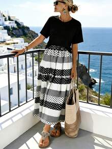 Balvessa Women's A-Line Polka Dot Patchwork Skirt - Black and White - View 3