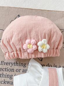 SHEIN Playful Pals Bộ đồ mùa hè thời trang mới dễ thương cho bé gái: áo liền quần và mũ màu xanh lá cây thêu hoa 3D, tay bồng. - Màu Hồng baby - Xem 6