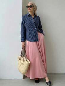 Solavon 女士条纹印花纽扣前开襟休闲长袖衬衫 - 藍色 - 查看 1