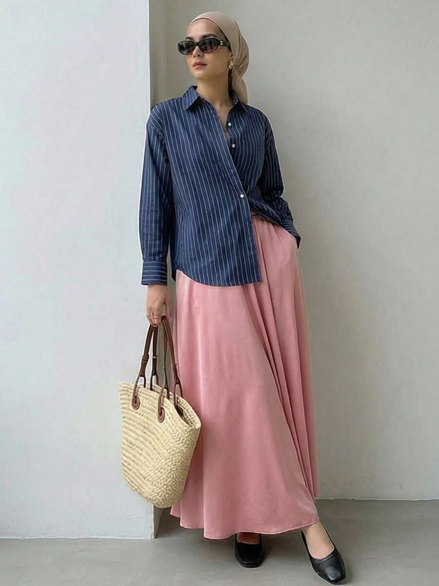 Solavon 女士条纹印花纽扣前开襟休闲长袖衬衫 - 藍色 - 查看 1