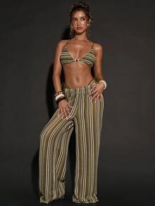 SHEIN BAE 女士弹力腰带条纹宽松度假罩衫裤 - 綠色 - 查看 4