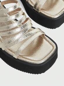 Sugerpunk Dép xăng đan mùa hè mới dành cho nữ, mũi vuông, gót dốc, đế dày, giúp tăng chiều cao, chỉ cần đi một chân. - Vàng - Xem 5