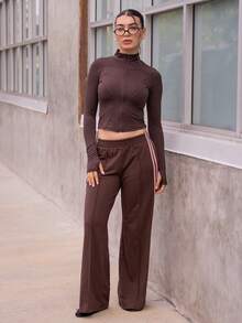 Andrea Bello 女士小立领弹力修身长袖夹克，休闲运动，春秋季 - 咖啡棕 - 查看 5