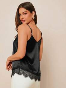 Amorya Camiseta de satén sólido asimétrica con aplicación de encaje, elegante para mujer, uso casual al aire libre para primavera y verano - Negro - Ver 2