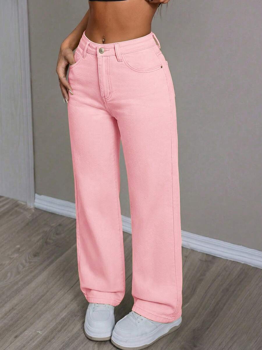 SHEIN PETITE Women's Solid Color Zipper Button Front Pocket Straight Loose Fit Casual Jeans Pants, Suitable For Outdoor Activities - Pink - View 1