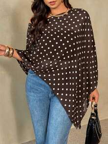 Auralis 大码女式波点不对称下摆时尚衬衫 - 咖啡棕 - 查看 4