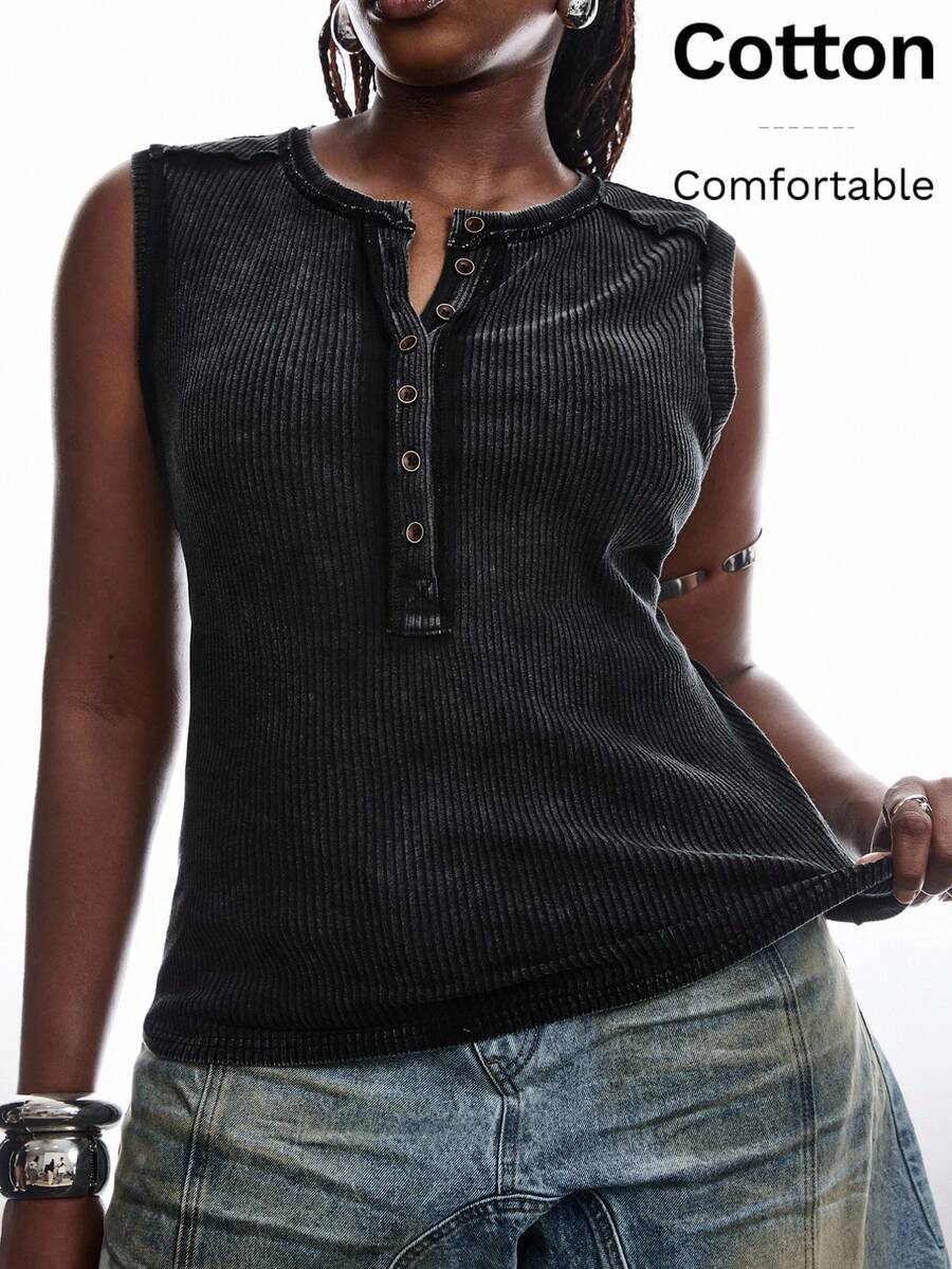 SHEIN EZwear Washed Gray Ribbed Sleeveless Casual Plus Size T-Shirt, Spring/Summer Ribbed Tops Women Sleeveless Button Up Top Cotton Ladies Casual Tops Casual Tops For Women Women's Cotton Tops Ladies Smart Tops - Black - View 1