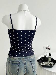 少女休闲度假波点蕾丝吊带背心，柔软时尚的设计，适合夏季、度假、旅行、校园和日常穿着。 - 黑色 - 查看 2