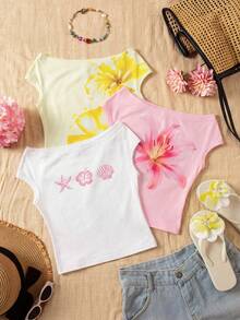 SHEIN 3pcs/Set Girls Vacation Tight Off-Shoulder Multicolor T-Shirts - White - View 7