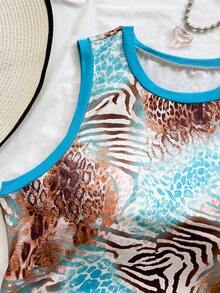 Soleia Damen Große Größen Sommer Urlaub Blau Leopard Muster Künstlerische Graffiti Strick Trägerkleid mit Kordelzug Saum, geeignet für Musikfestivals, Ostern, Karneval, Strand, Kreuzfahrt, Nachmittagstee - Verschiedenfarbig - Übersicht 6