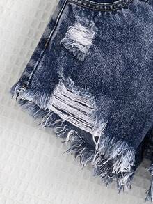 SHEIN Celana Pendek Jeans Gaya Boho Musim Semi/Panas Y2K untuk Anak Perempuan, Celana Pendek Denim Kasual dengan Efek Lusuh dan Pudar - Dark Wash - View 3