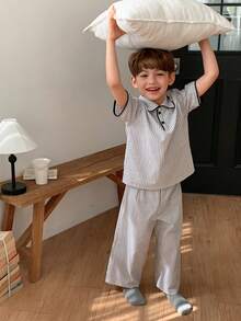 DAZY Young Boy Striped Short Sleeve Top And Pants Pajama Set Summer - Light Grey - View 5