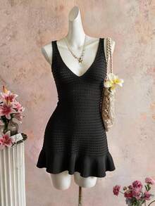 Selianne Elegant Sleeveless V-Neck Women's Mini Dress, Spring/Summer - Black - View 4